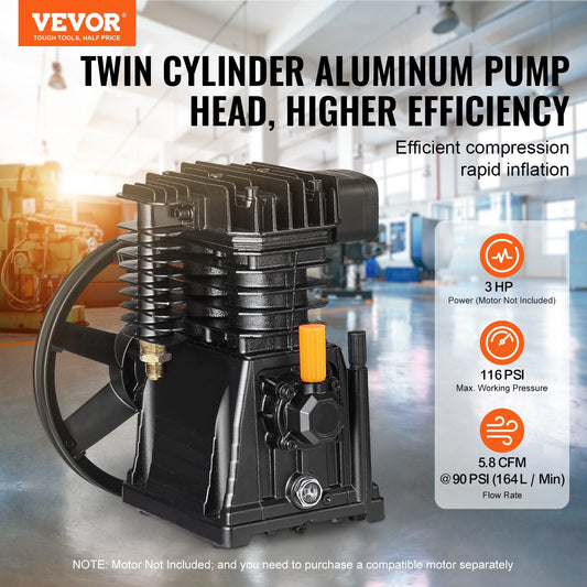 Air Compressor Pump Head, 3HP 5.8CFM @ 90PSI, Twin Cylinder Oil Lubricated Air Compressor Piston Pump Head, V952-KQYSJBTHSSBT4JDUMV0