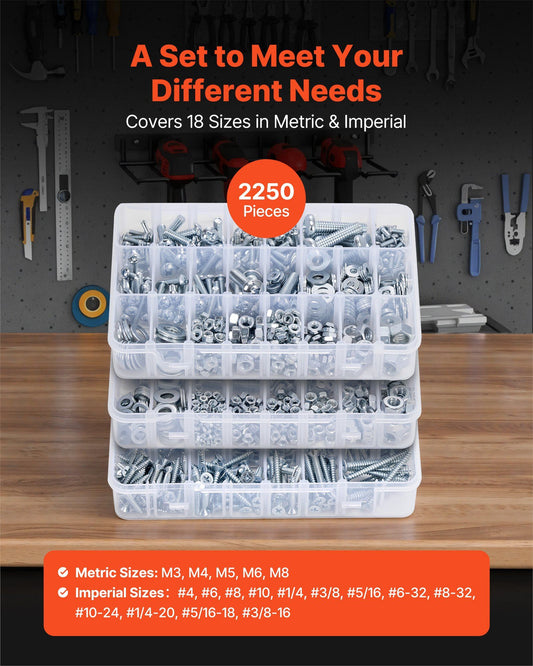 2250 Pcs Bolts and Nuts Assortment Kit, Metric + Imperial Machine Screws and Flat Washers, Alloy Steel V952-LMHLSTZGZLJYS6FAS001V0