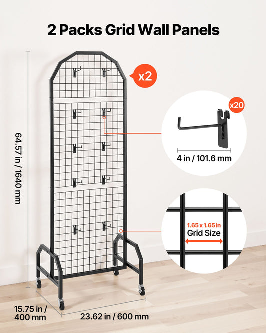2 Packs Grid Wall Panels, 600 x 1640mm Wire Grid Panels Display Rack, Movable Art Display Shelf with Wheels V952-LSWGQ6070INC4OEUO001V0