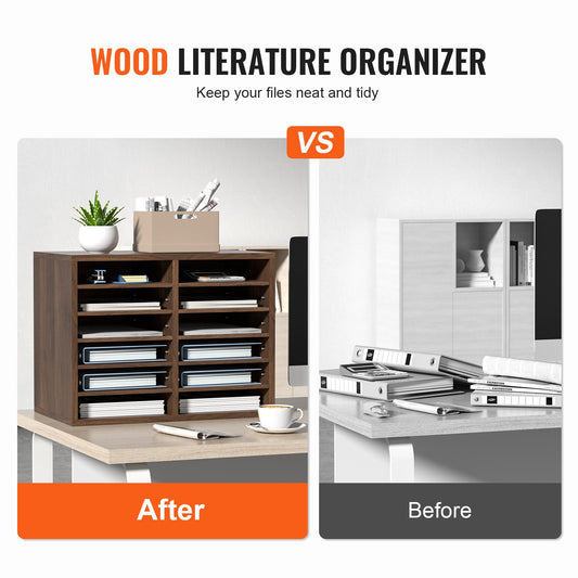 Wood Literature Organizer Adjustable File Sorter 12 Compartments Brown V952-MZWJZLFPJBH12X5B4V0