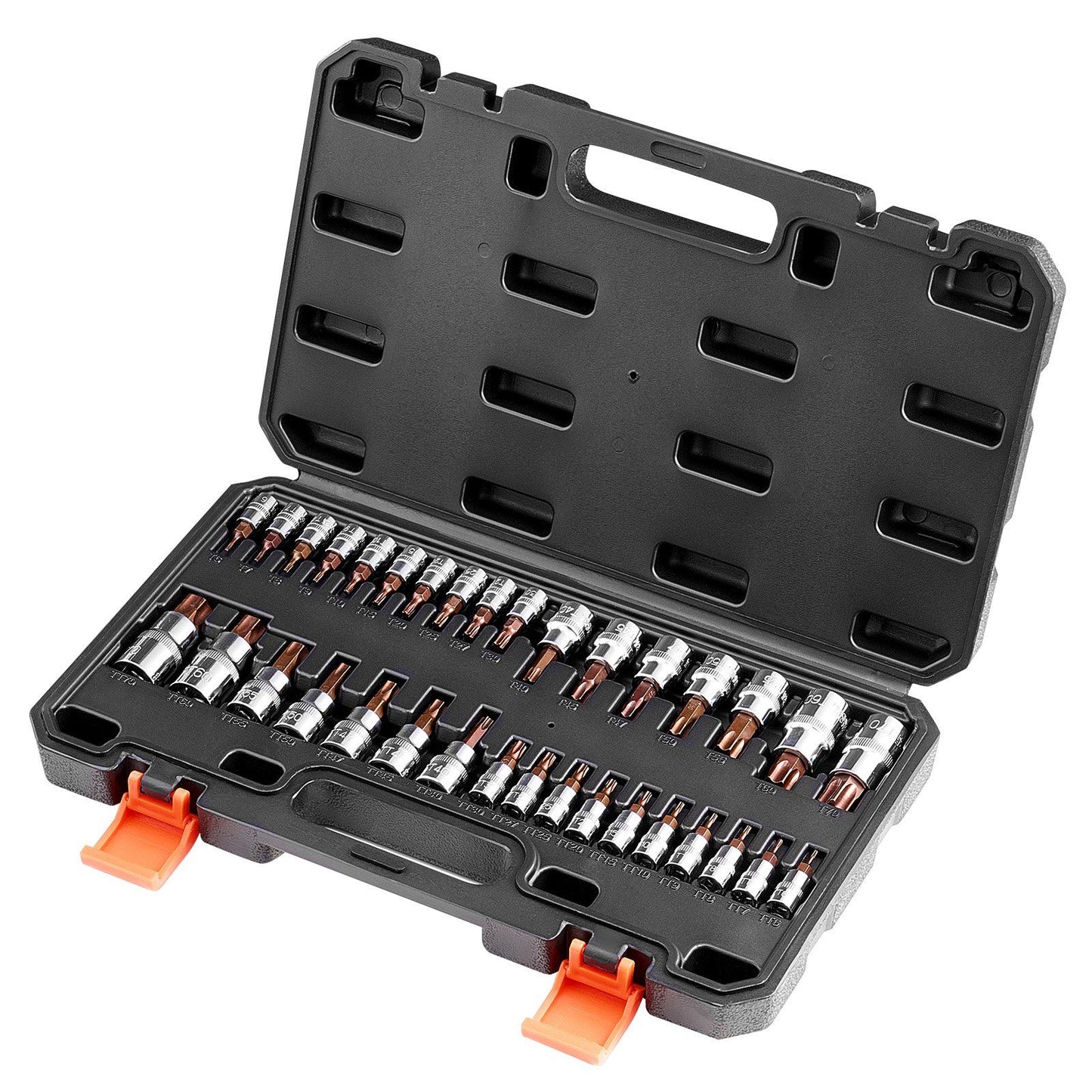 Torx Bit Socket Set, 34-Piece Solid Star and Tamper Proof T6-T70, S2 Alloy Steel and Cr-V Steel, 1/4 in, 3/8 V952-PTTT143812TO3PNXZV0