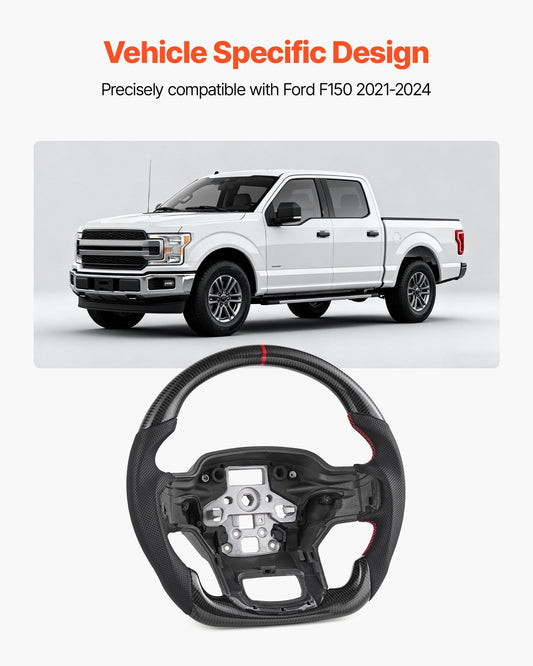Steering Wheel for 2021-2024 Ford F150, Carbon Fiber Steering Wheel D-Shaped Flat-Bottom, Leather Grip with V952-QCFXPZYFTF15VL7EA001V0