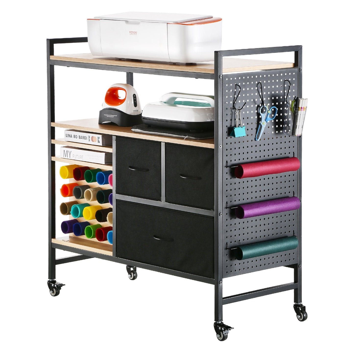 Rolling Craft Cart and Storage Table with 20 Vinyl Roll Holders 3 Drawers Black V952-QGJZHSMABGFB20V46V0