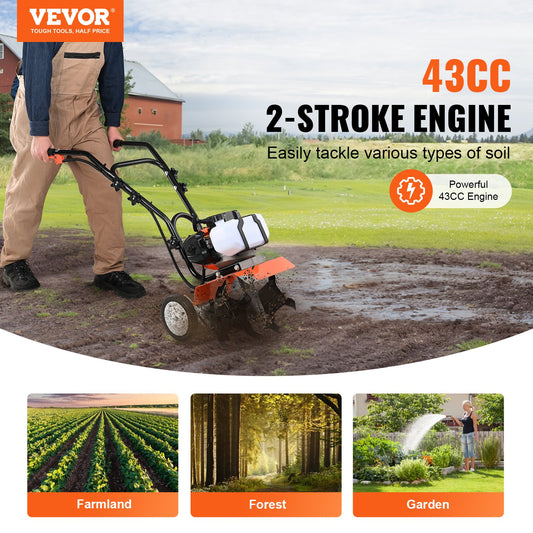 Tiller Cultivator Gas Powered, 43CC 2-Stroke Garden Cultivator, Tiller with 4 Steel Adjustable Front Tines V952-RYGYJ43CCECC62UOPV0