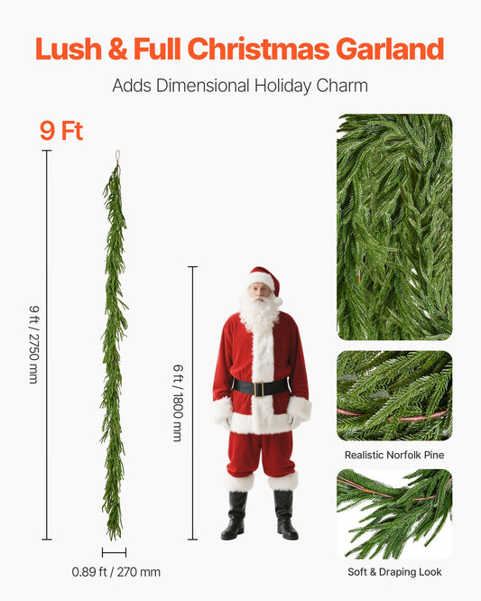 Christmas Garland, 2750 mm Realistic Norfolk Pine Garland, Evergreen Real Touch Artificial Faux Greenery V952-SDHDNFKS9FTB7B87R001V0
