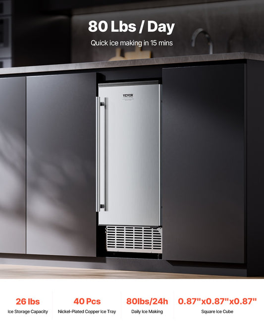 Undercounter Built-in Ice Maker, 80 Lbs/Day Under Counter Ice Maker Machine with Reversible Door Stainless V952-SNQRSZBJ80LBQY0EFV3