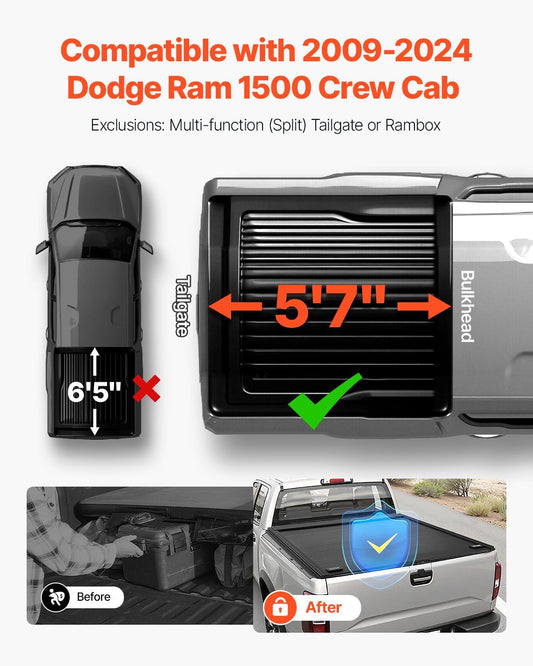 Retractable Tonneau Cover, 5.7 ft Hard Retractable Tonneau Cover with Built-in Drainage Pipe for 2009-2024 V952-SSHBXGSDKDODGFKYUV0