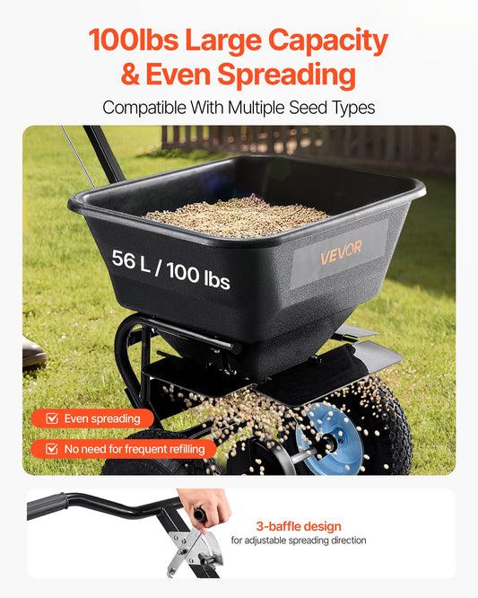 Lawn Spreader, 100LBS Capacity, Walk-Behind Push Spreader, 0-9.8ft Spreading Width, 13 in All Terrain V952-TCSBJ100LBSPEB08E001V0