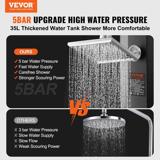 Outdoor Solar Heated Shower, 35L Poolside Shower Kit with Shower Head and Foot Shower Tap, Double Buckle Fast V952-TYNLYQHSPVCLT705AV0