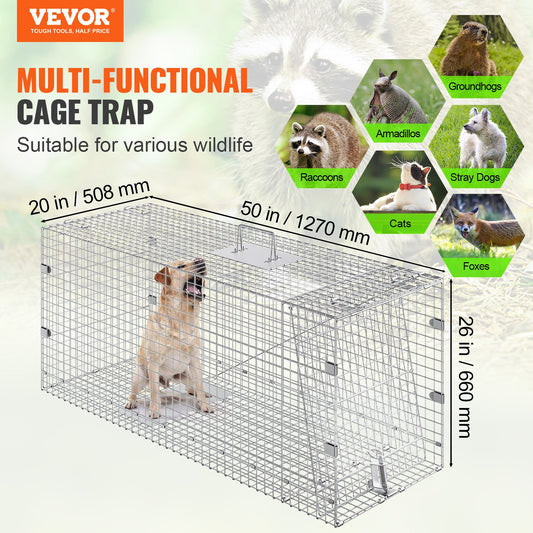 Live Animal Cage Trap, 50" x 20" x 26" Humane Cat Trap Galvanized Iron, Folding Animal Trap with Handle for V952-YBL50YC00000VGIXYV0