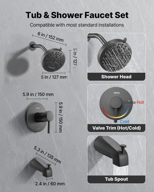 Tub and Shower Faucet Set, Complete with 127 mm Rainfall Shower Head and Bathtub Spout, 8-Setting Adjustable V952-YGHLLTZHHWHW0HLVZ001V0