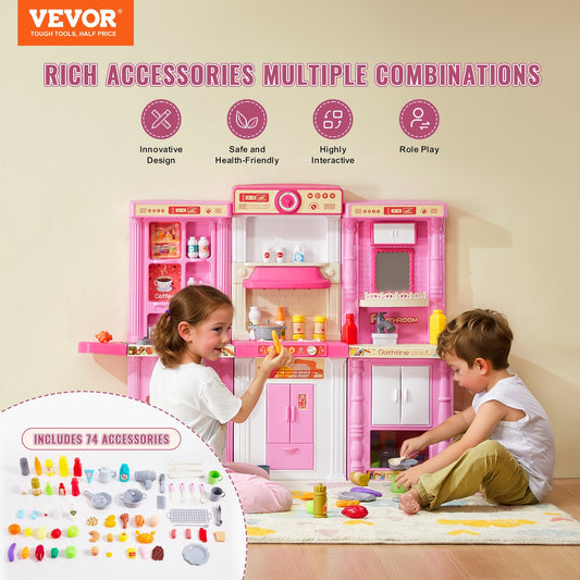 Kitchen Playset Kids Pretend Cooking Play Toy 74 Piece Accessories Pink V952-ZTCFWJTZFSSHSHZQ5V0