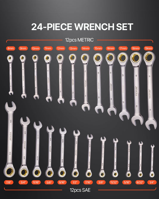 Combination Wrench Set 24 PCS SAE 1/4" - 7/8" Metric 8-19mm Organizer Rack V952-ZXBSTZGDK24PU44S3V0