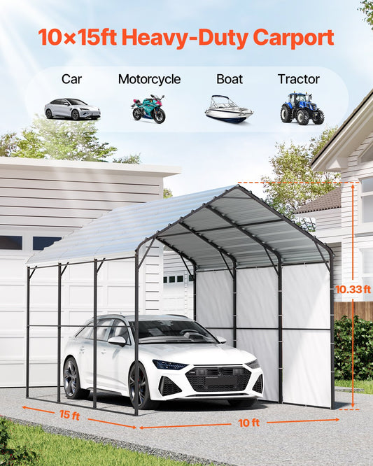 Heavy Duty Metal Carport, 10' x 15' Outdoor Carport with Galvanized Steel Frame & Roof, Car Tent Garage Shade V952-ZXCP10X15FT0DUG2BV0