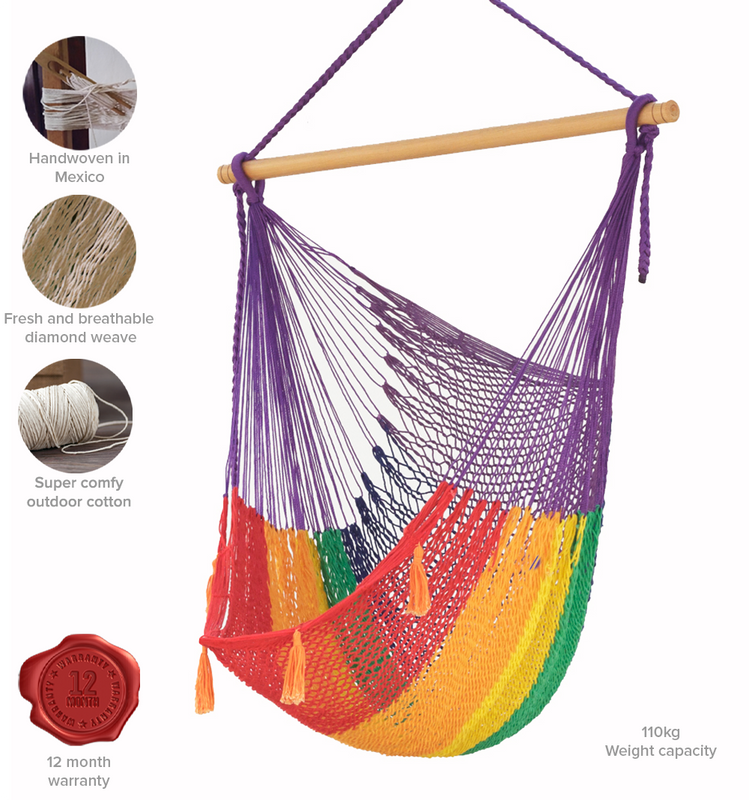 Mayan Legacy Extra Large Outdoor Cotton Mexican Hammock Chair in Rainbow Colour V97-HSCHRAINBOW