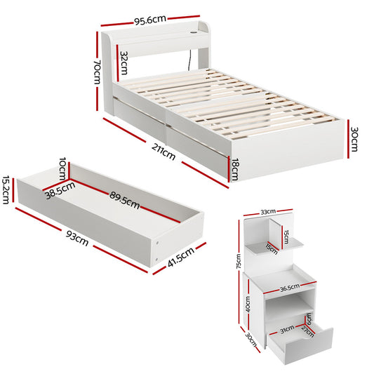 Artiss Single Bed Frame with Charging Ports and Bedside Table WBED-AURA-S-FURNI-P16-AB