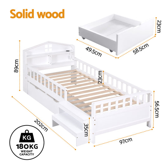 Artiss Single Bed Frame with 2 Storage Drawers, Montessori Bed with Headboard, 2 USB Ports & Led Light, Solid WBED-F-HOMIX-S-WH-AB