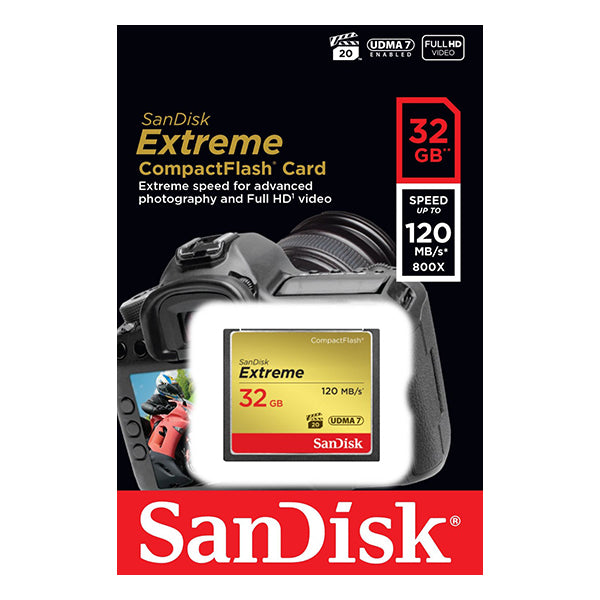 SanDisk 32GB Extreme CompactFlash Card with (write) 85MB/s and (Read)120MB/s - SDCFXSB-032G V28-FFCSAN32GCFEB120