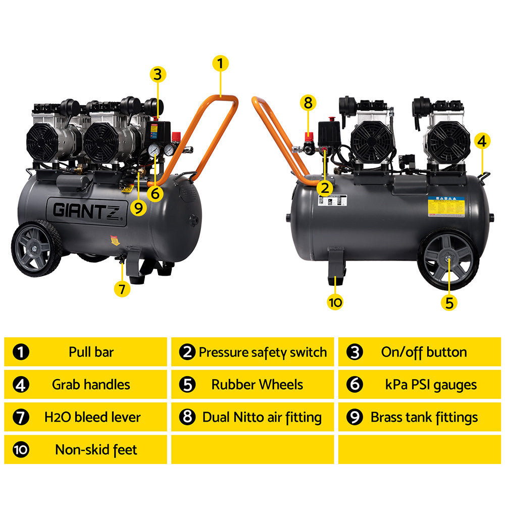 Giantz 50L Air Compressor 200L/min 3.0HP Oil-Free Quiet Electric Portable Air Inflator AC-200L-XL-GY