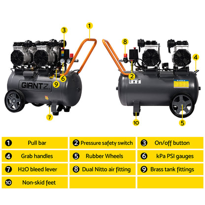 Giantz 50L Air Compressor 200L/min 3.0HP Oil-Free Quiet Electric Portable Air Inflator AC-200L-XL-GY