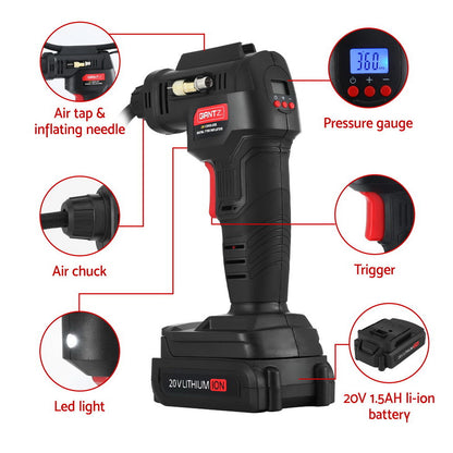 Giantz Cordless Tyre Inflator Portable Air Compressor Pump 20V 120PSI Digital LED AC-20V-BK