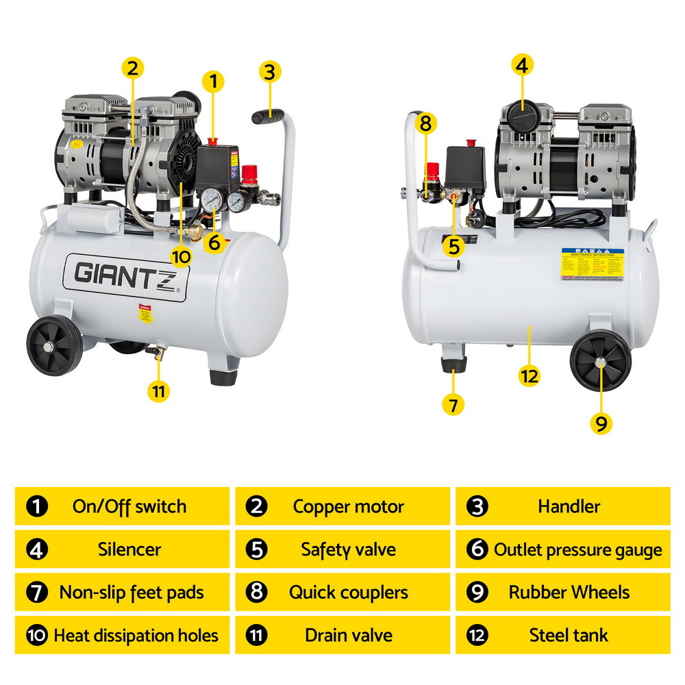 Giantz 24L Air Compressor Quiet 0.75HP Oil-Free Portable Tyre Inflator 40L/Min AC-24L-N-XL-WHT