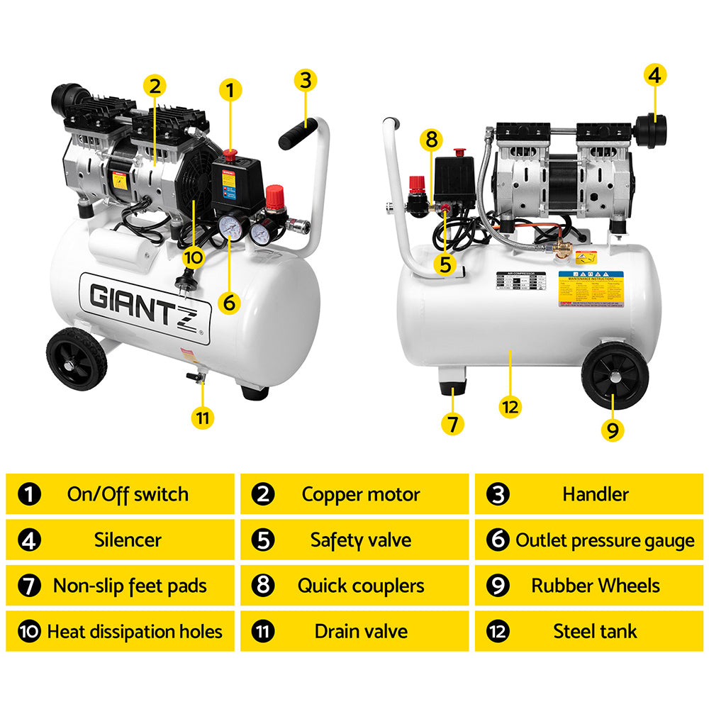Giantz 24L Air Compressor 40 L/min 115psi Oil-Free Electric Portable Inflator AC-40L-XL-WHT