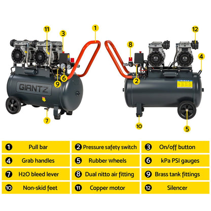Giantz 50L Air Compressor Quiet 3.0HP Oil-Free Portable Tyre Inflator 200L/Min AC-50L-N-XL-GY