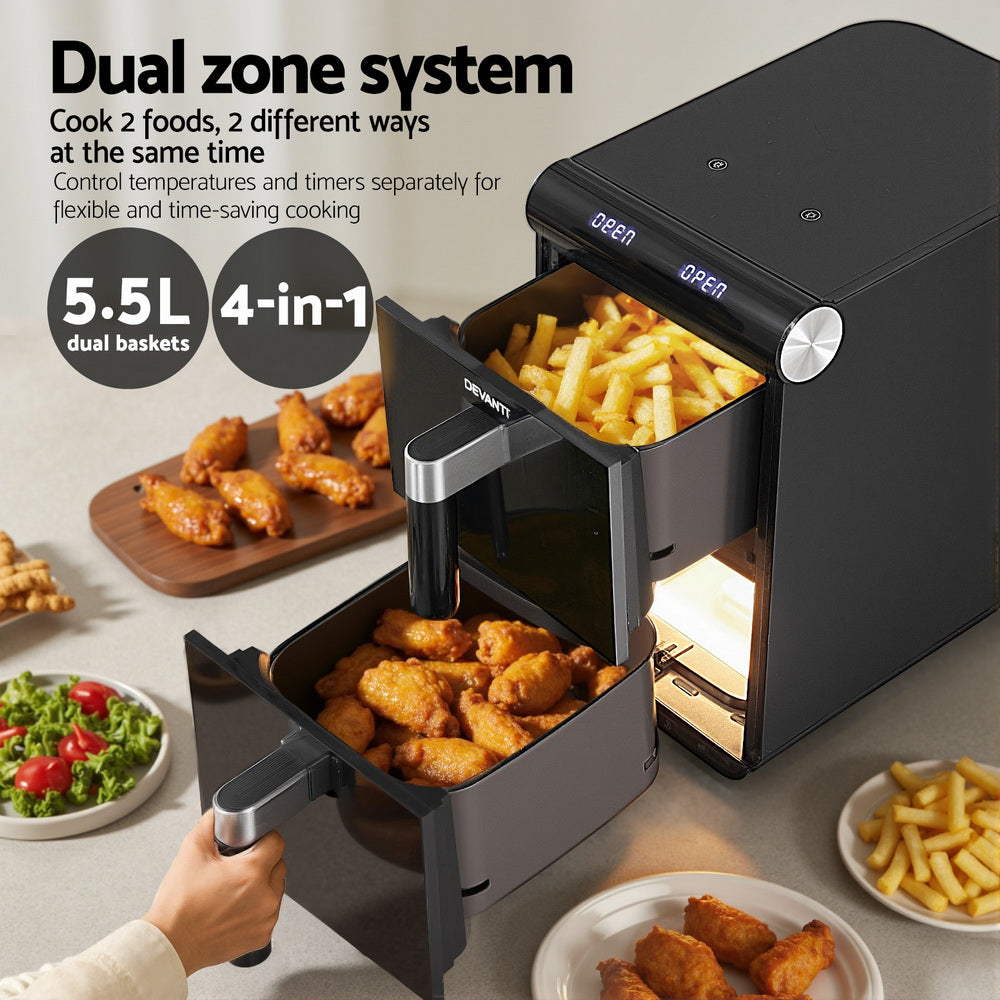 Devanti Air Fryer Oven 11L Dual Zone Fryers AF-K-11L-BK