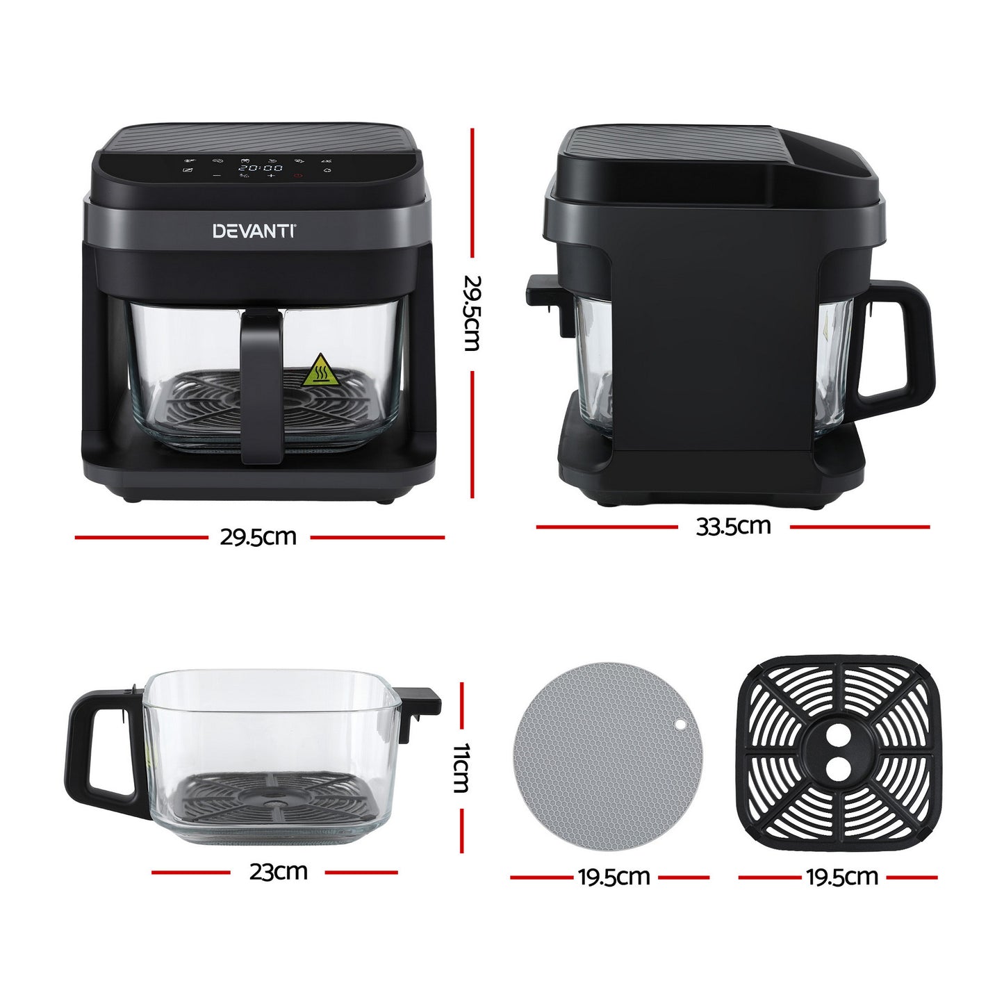 Devanti Air Fryer 5.5L Touch Control Electric Cooker 1200W Black AF-K-F-39TX-GLS-BK