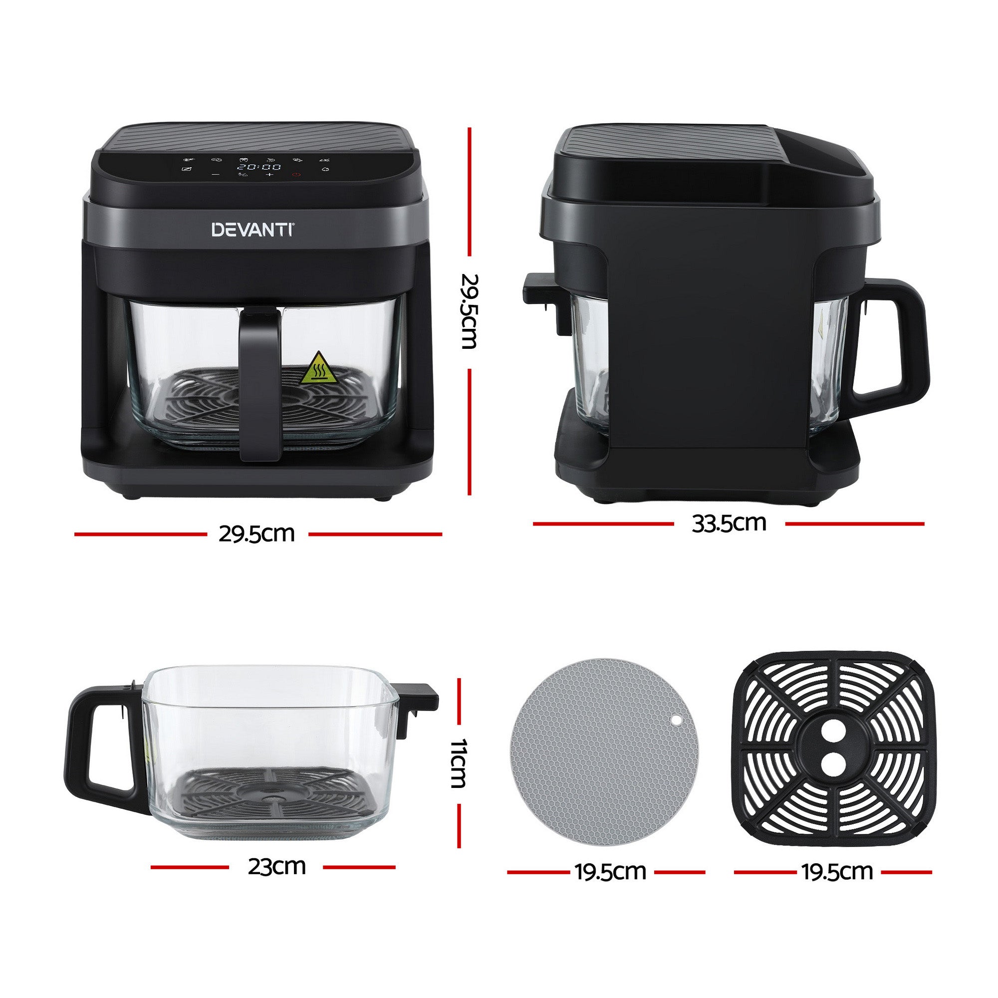 Devanti Air Fryer 5.5L Touch Control Electric Cooker 1200W Black AF-K-F-39TX-GLS-BK