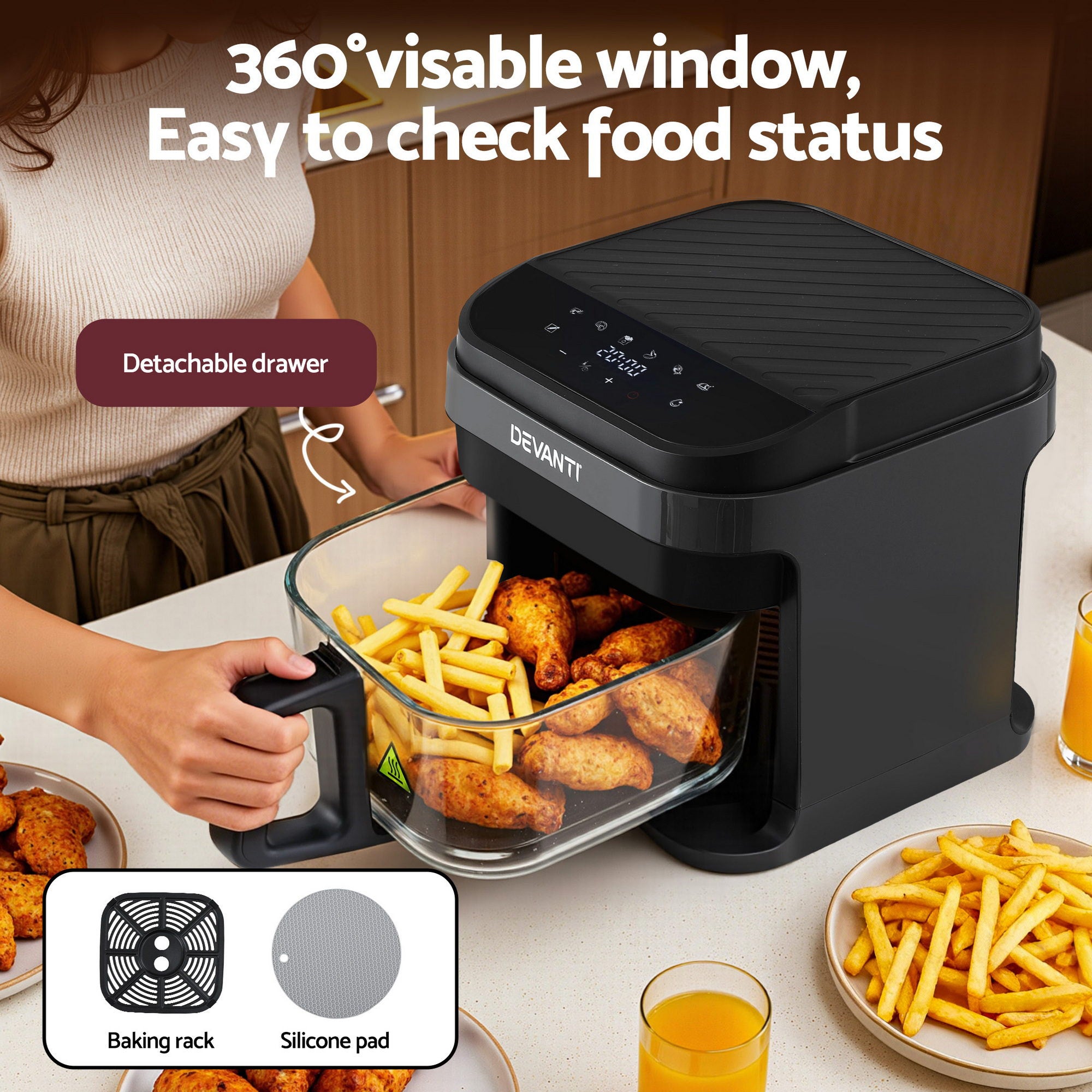Devanti Air Fryer 5.5L Touch Control Electric Cooker 1200W Black AF-K-F-39TX-GLS-BK