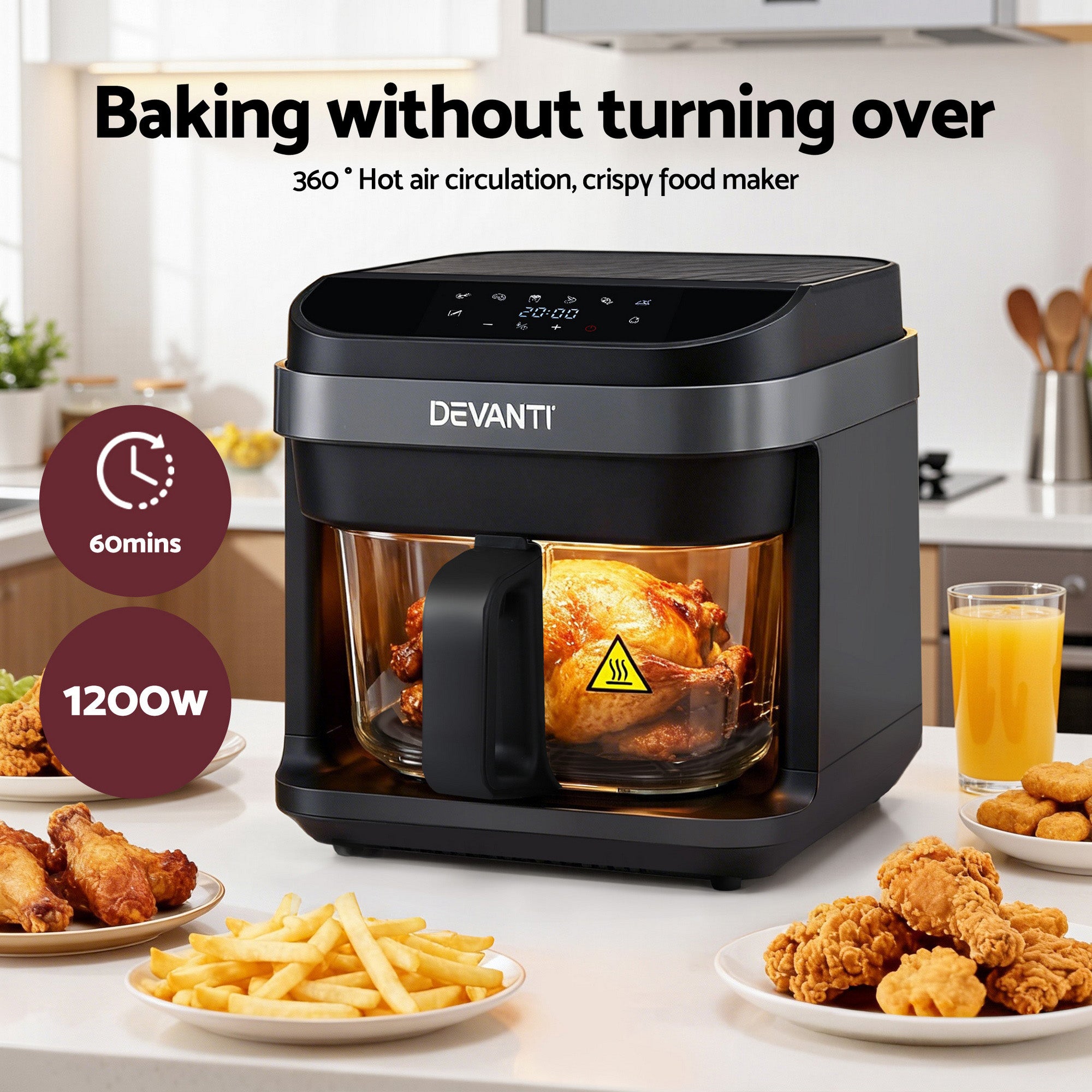Devanti Air Fryer 5.5L Touch Control Electric Cooker 1200W Black AF-K-F-39TX-GLS-BK