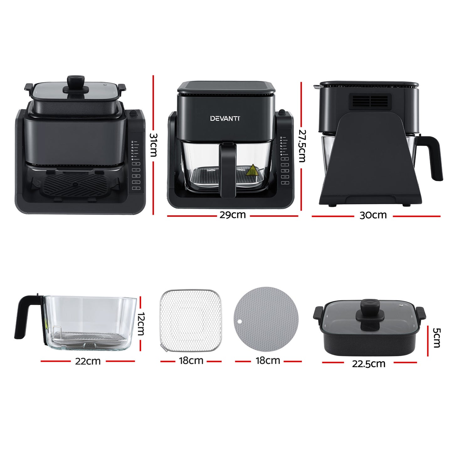 Devanti 2-IN-1 Air Fryer 5.5L Dual Zone Fryers Electric Cooker with Top BBQ Grill & Bot AF-K-F-538T-GLS-BK
