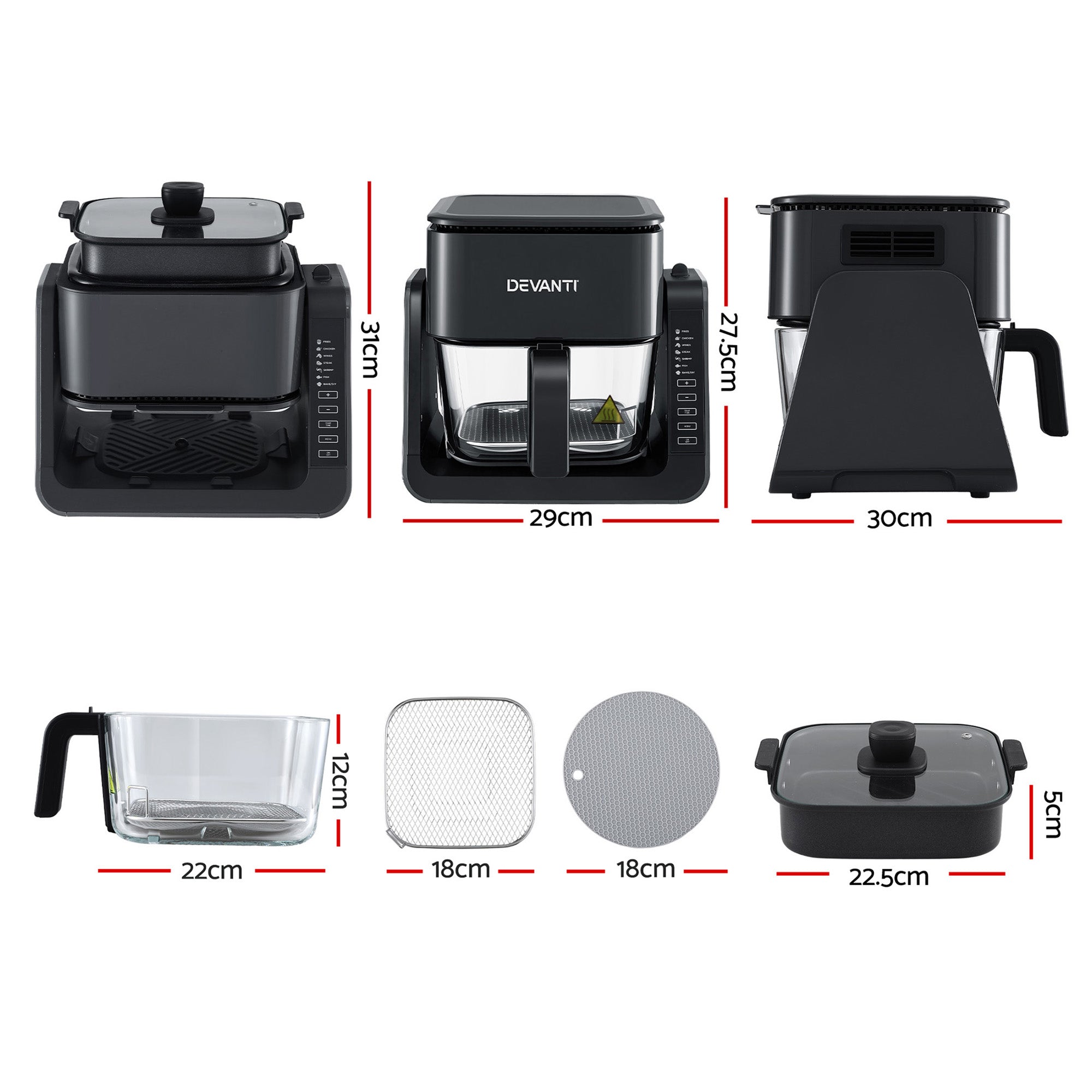 Devanti 2-IN-1 Air Fryer 5.5L Dual Zone Fryers Electric Cooker with Top BBQ Grill & Bot AF-K-F-538T-GLS-BK