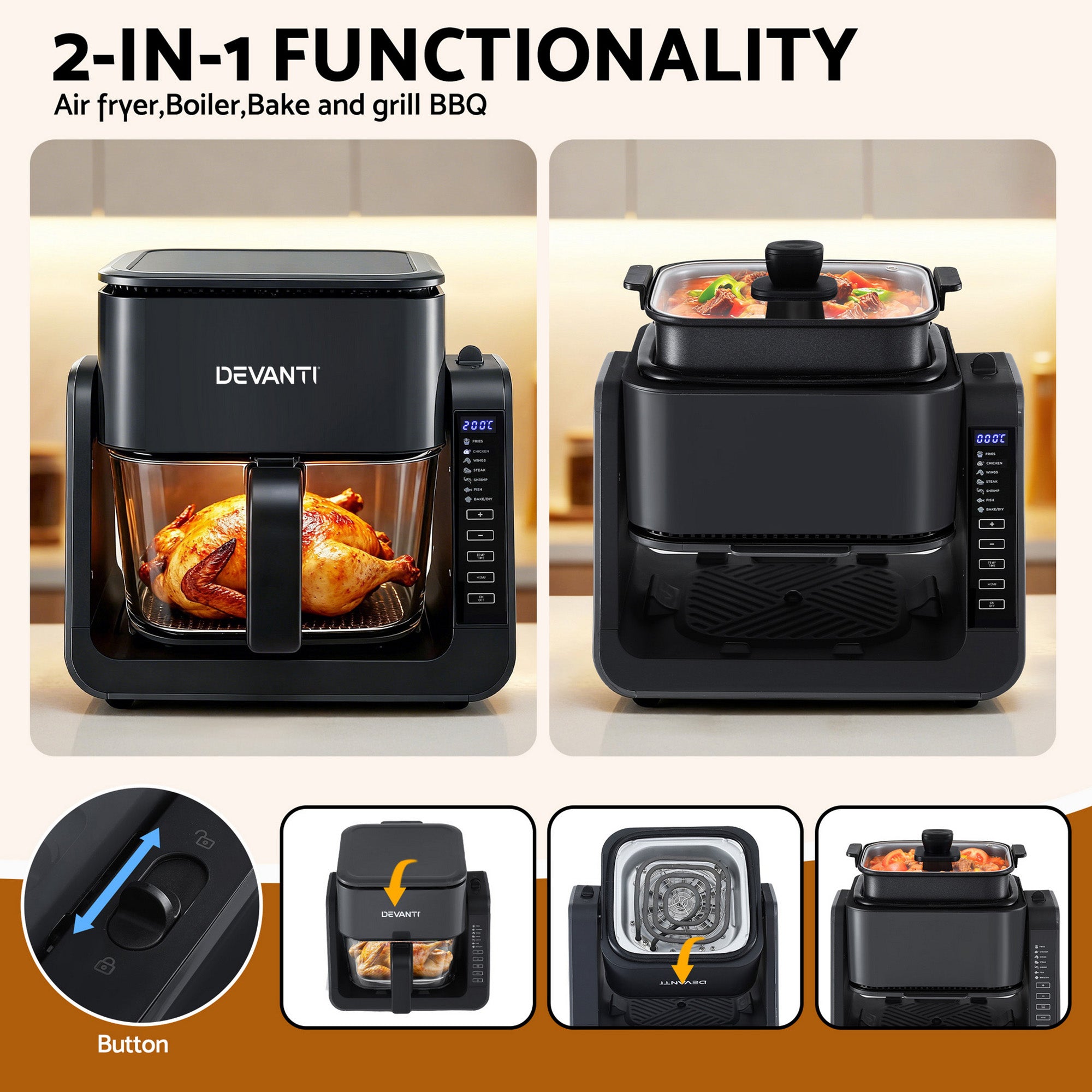 Devanti 2-IN-1 Air Fryer 5.5L Dual Zone Fryers Electric Cooker with Top BBQ Grill & Bot AF-K-F-538T-GLS-BK
