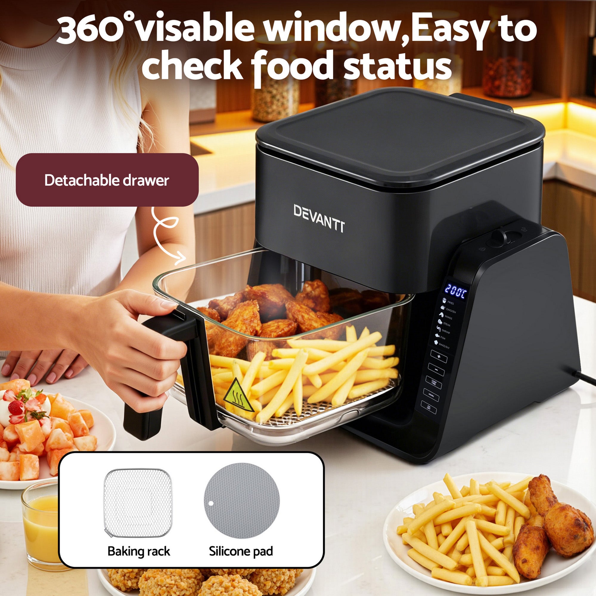 Devanti 2-IN-1 Air Fryer 5.5L Dual Zone Fryers Electric Cooker with Top BBQ Grill & Bot AF-K-F-538T-GLS-BK