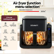Devanti 2-IN-1 Air Fryer 5.5L Dual Zone Fryers Electric Cooker with Top BBQ Grill & Bot AF-K-F-538T-GLS-BK