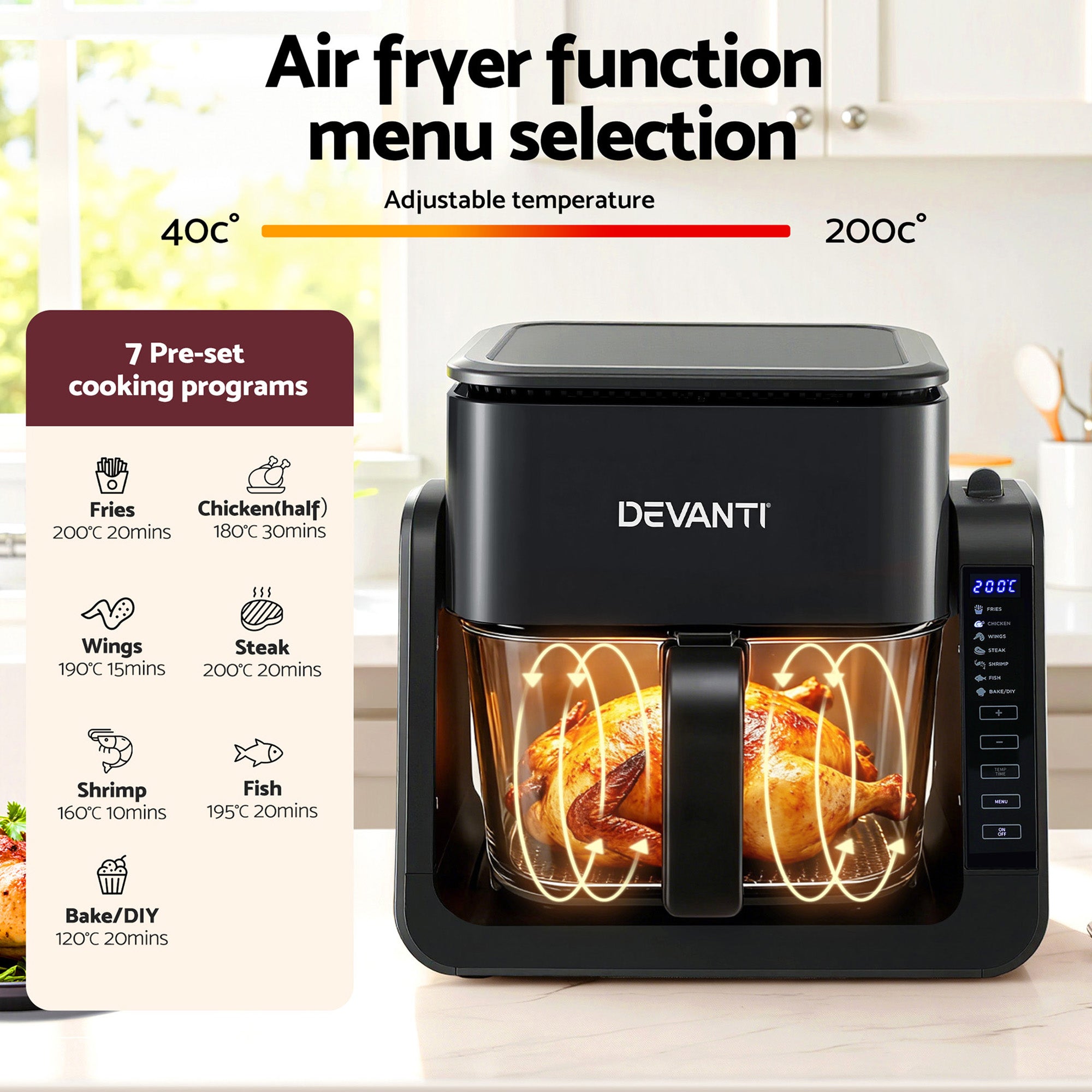 Devanti 2-IN-1 Air Fryer 5.5L Dual Zone Fryers Electric Cooker with Top BBQ Grill & Bot AF-K-F-538T-GLS-BK