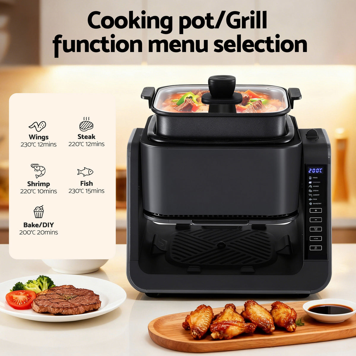 Devanti 2-IN-1 Air Fryer 5.5L Dual Zone Fryers Electric Cooker with Top BBQ Grill & Bot AF-K-F-538T-GLS-BK