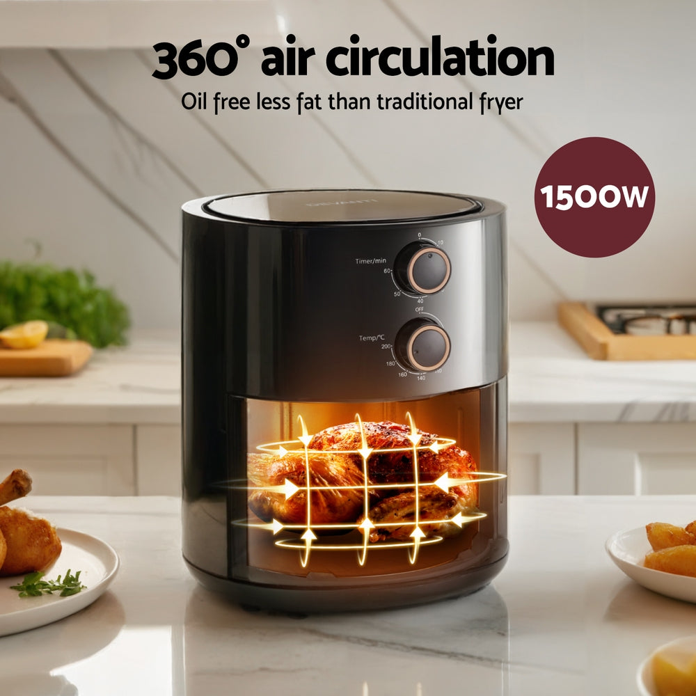 Devanti 4L Air Fryer Knob Control 1500W AF-K-G-4L-BK