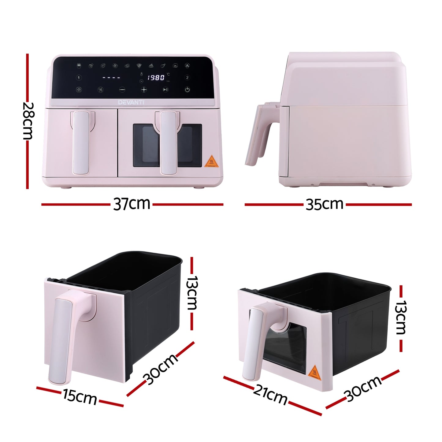 Devanti Air Fryer 9L Dual Zone Fryers 2600W Pink AF-K-J-902DT-PK