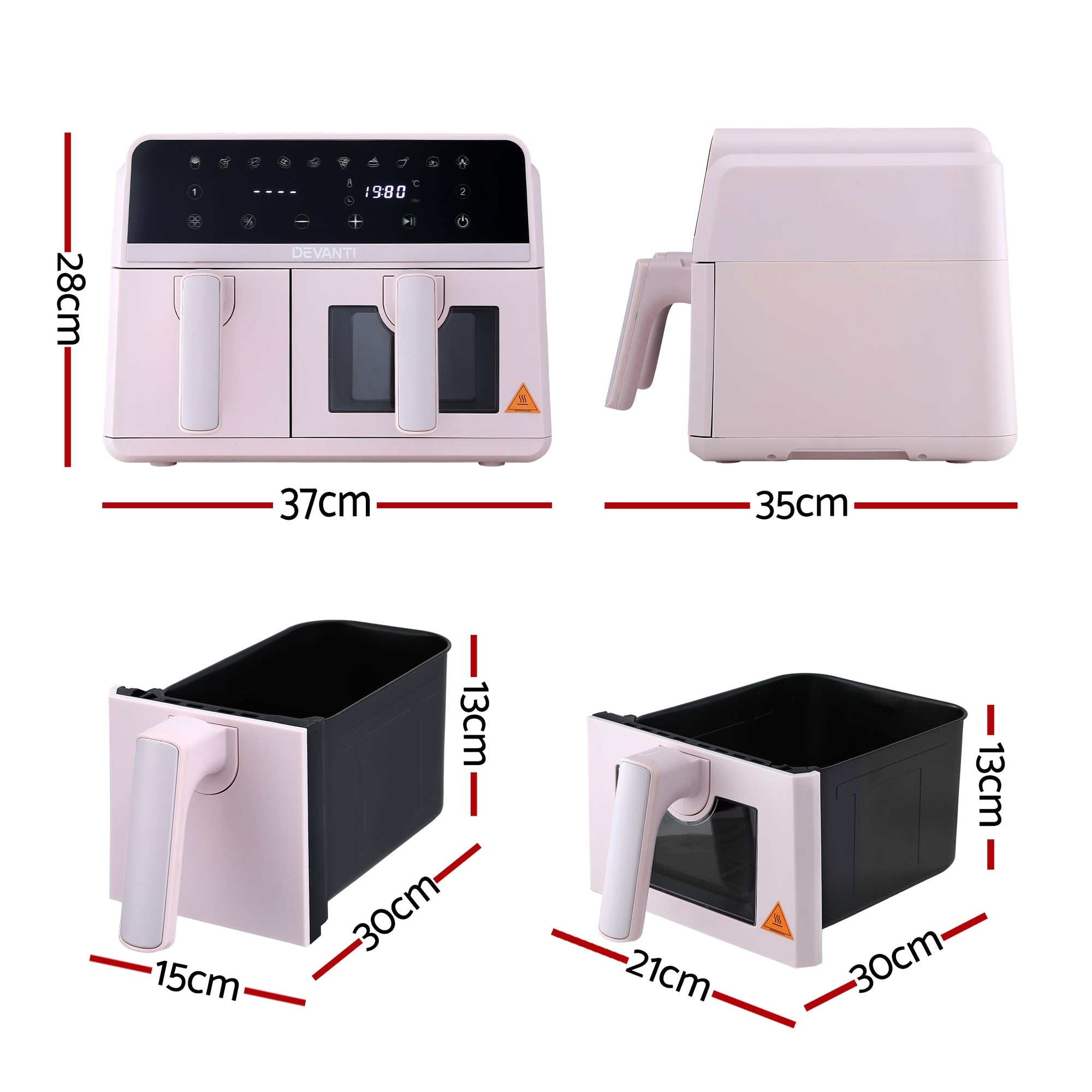 Devanti Air Fryer 9L Dual Zone Fryers 2600W Pink AF-K-J-902DT-PK