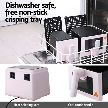 Devanti Air Fryer 9L Dual Zone Fryers 2600W Pink AF-K-J-902DT-PK