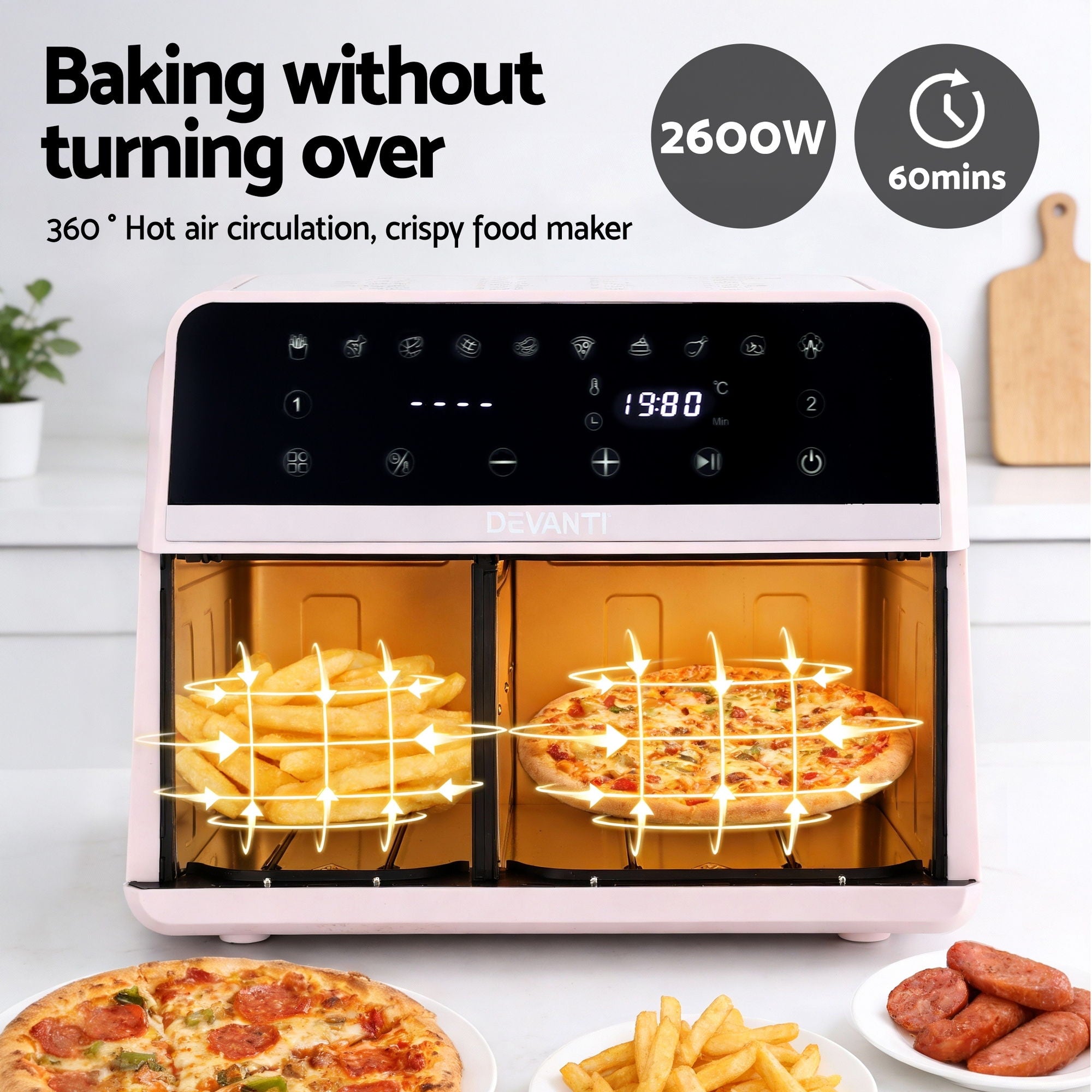 Devanti Air Fryer 9L Dual Zone Fryers 2600W Pink AF-K-J-902DT-PK