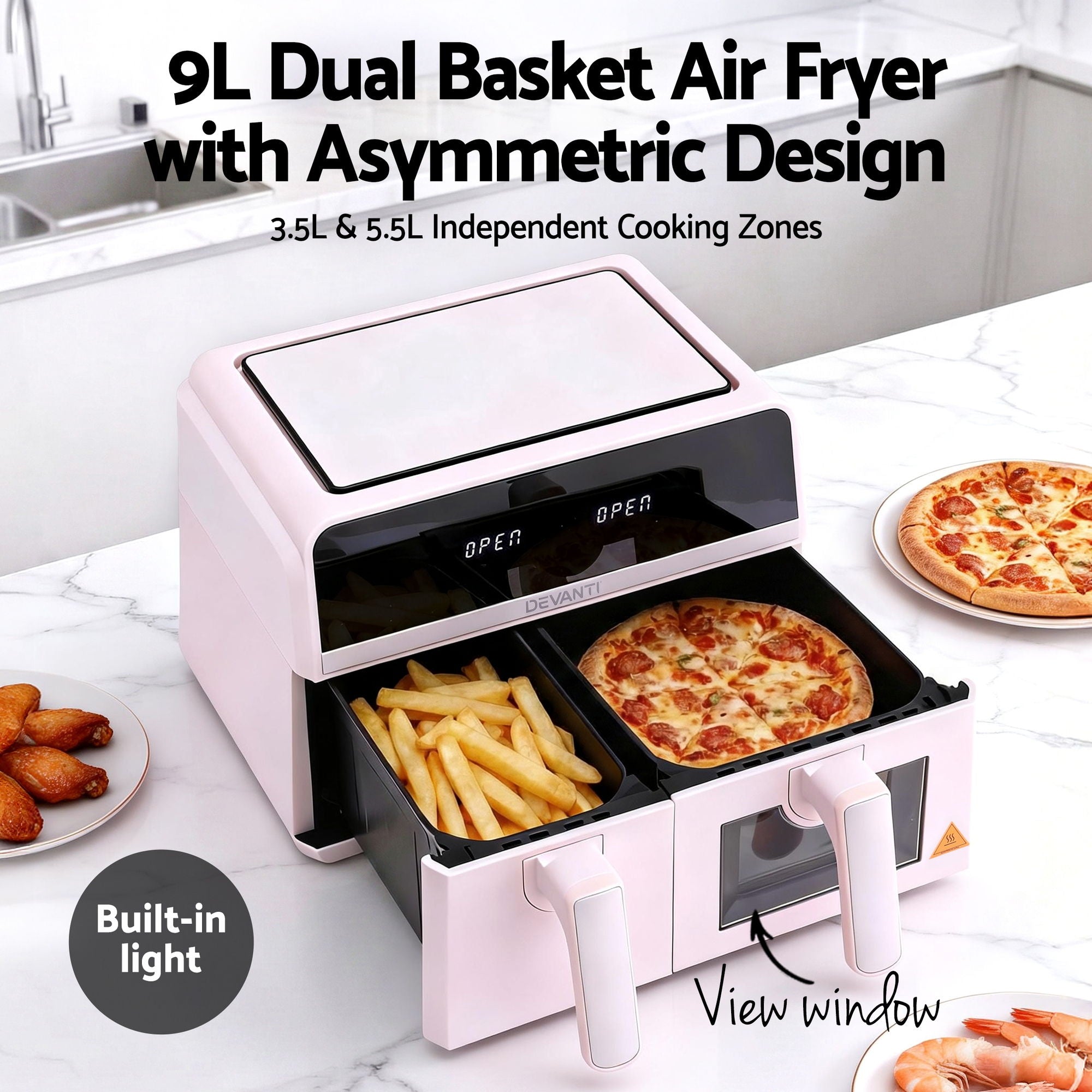 Devanti Air Fryer 9L Dual Zone Fryers 2600W Pink AF-K-J-902DT-PK