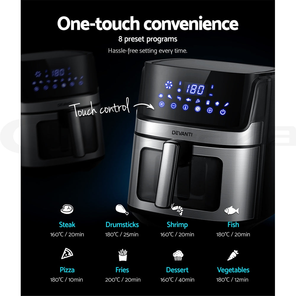 Devanti Air Fryer 6.5L LCD Fryers Clear Window AF-K-J-NA5ST-BK-SS