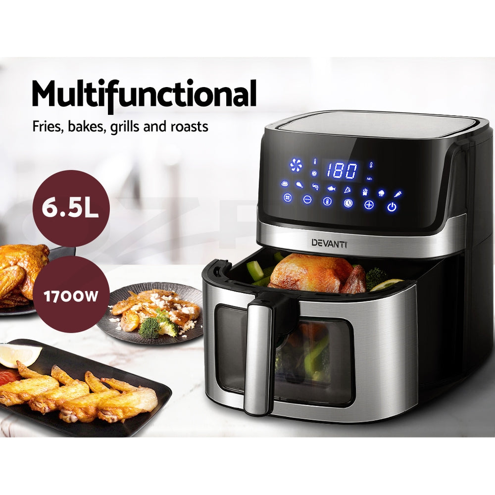 Devanti Air Fryer 6.5L LCD Fryers Clear Window AF-K-J-NA5ST-BK-SS