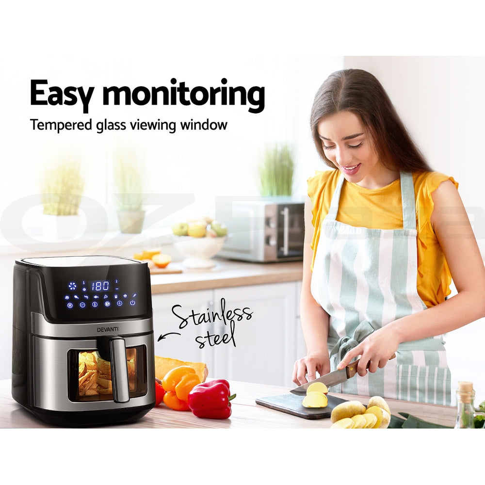 Devanti Air Fryer 6.5L LCD Fryers Clear Window AF-K-J-NA5ST-BK-SS