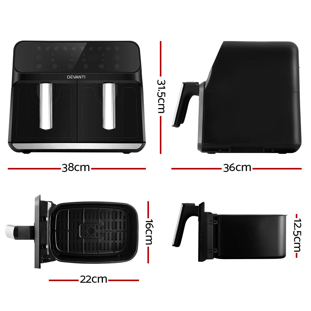 Devanti Air Fryer 8L Dual Zone Fryers AF-K-J-NA8D-BK